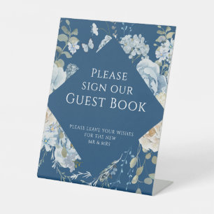 Romantisch Blauw Bloemen Trouwteken Ons gastenboek Reclamebord Met Voetstuk