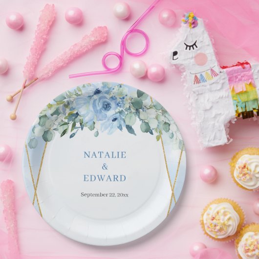 Romantisch blauw bloemeneucalyptus en goud lijst papieren bordje (Feest)