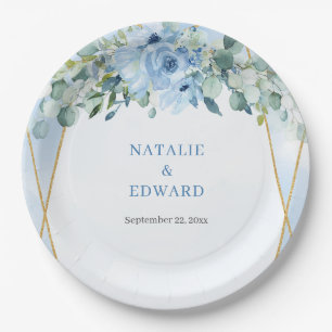 Romantisch blauw bloemeneucalyptus en goud lijst papieren bordje