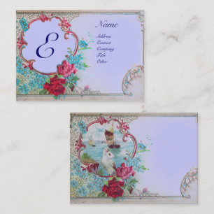 ROMANTISCH BLAUW BLOEMMONOGRAM, ROZEN, DUIF, ZEEGE VISITEKAARTJE