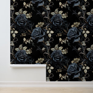 Romantisch Blauw en Zwart Bloemen Gotisch Behang