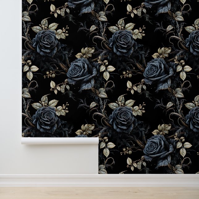 Romantisch Blauw en Zwart Bloemen Gotisch Behang (Applicatie)
