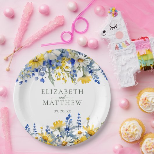 Romantisch Blauw Geel Wildbloemen Bloemen Bloemen  Papieren Bordje (Feest)