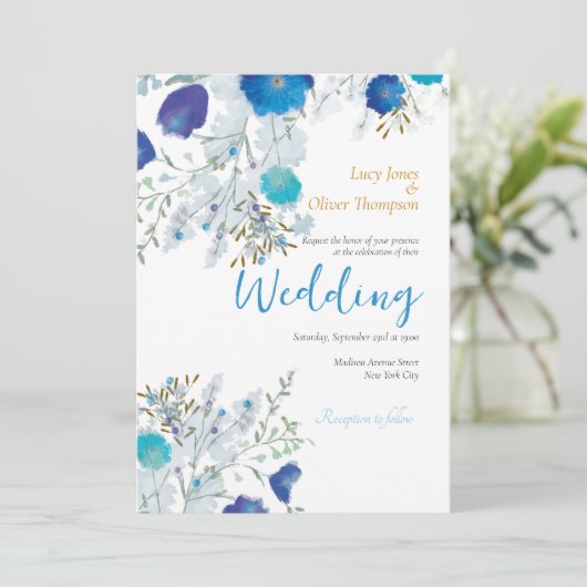 Romantisch, Blauw & Goud, Bloemen bruiloft Kaart (Staand voorkant)