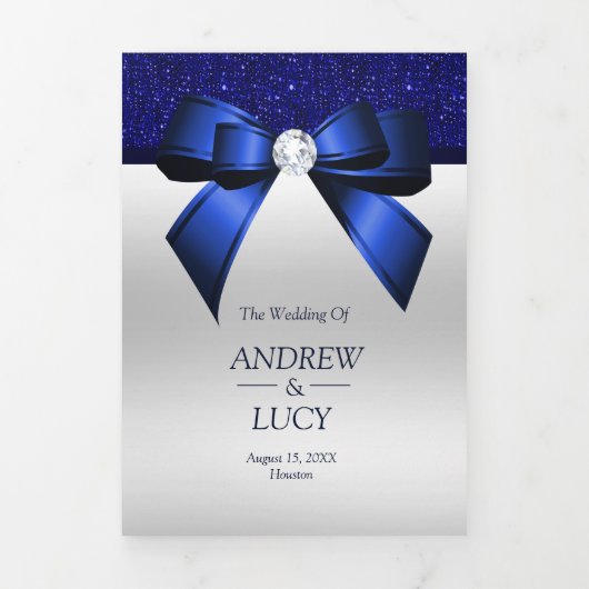 Romantisch Blauw Juweel Gem Bow QR Code Huwelijk Drieluik Uitnodiging (Cover)