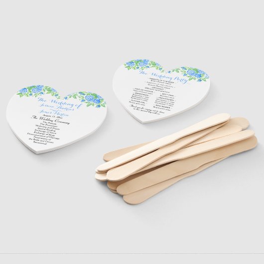Romantisch Blauw Rozen Floral Heart Trouwprogramma Handwaaier (Niet-gemonteerd)