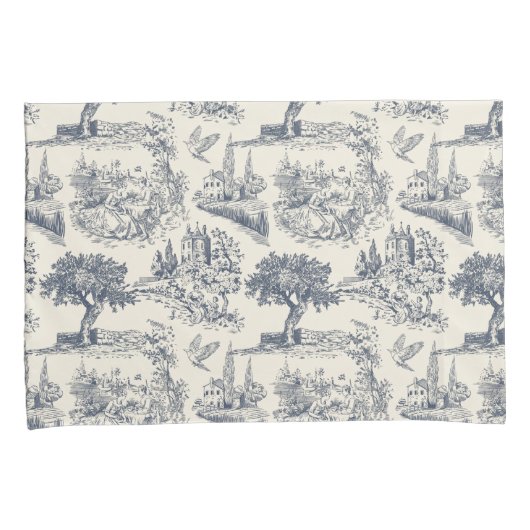 Romantisch Blauw Toile de Jouy, Franse landelijke Kussensloop (Voorkant-Rechts)