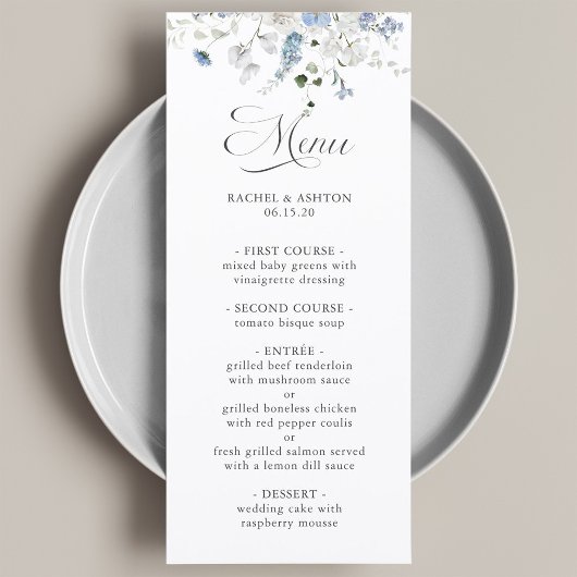 Romantisch blauw wit groen bloemend huwelijksmenu menu