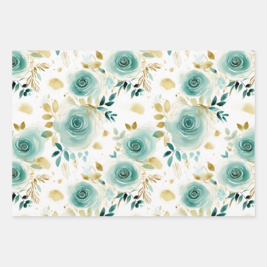 Romantisch Blauwgroen Green Cream Roos Bloemen Inpakpapier Vel (Voorkant 3)