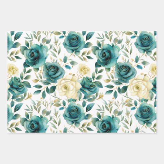 Romantisch Blauwgroen Green Cream Roos Bloemen Inpakpapier Vel (Voorkant 2)