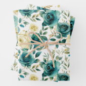 Romantisch Blauwgroen Green Cream Roos Bloemen Inpakpapier Vel (In situ)