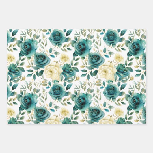 Romantisch Blauwgroen Green Cream Roos Bloemen Inpakpapier Vel (Voorkant)