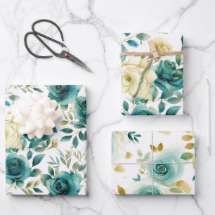 Romantisch Blauwgroen Green Cream Roos Bloemen Inpakpapier Vel