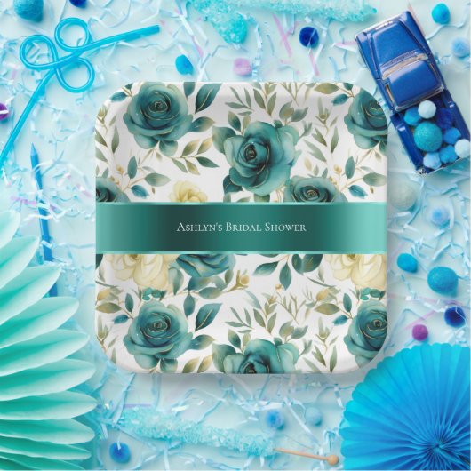Romantisch Blauwgroen Green Cream Roos Bloemen Papieren Bordje (Feest)