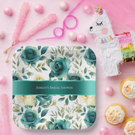 Romantisch Blauwgroen Green Cream Roos Bloemen Papieren Bordje (Feest)