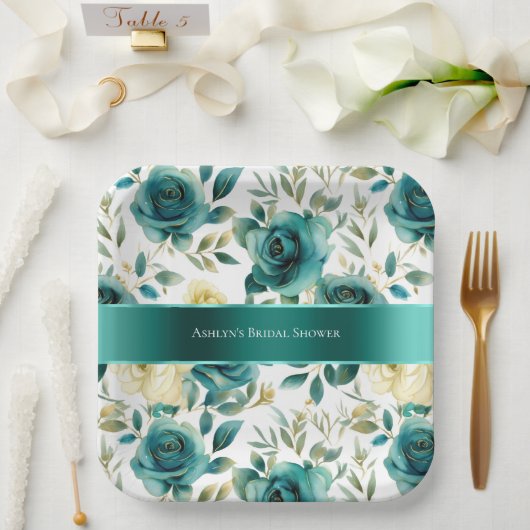 Romantisch Blauwgroen Green Cream Roos Bloemen Papieren Bordje (Huwelijk)