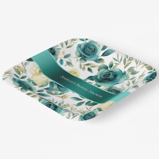 Romantisch Blauwgroen Green Cream Roos Bloemen Papieren Bordje (Gebogen)