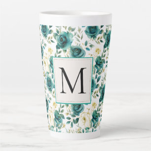 Romantisch Blauwgroen Green Cream Roos Floral Mono Latte Mok