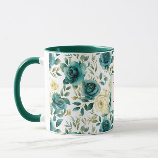 Romantisch Blauwgroen Green Cream Roos Floral Mono Mok (Links)