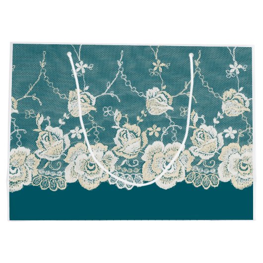 Romantisch Blauwgroen Groen Blauw Wit Kant Bloemen Groot Cadeauzakje (Achterkant)