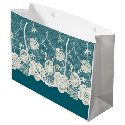 Romantisch Blauwgroen Groen Blauw Wit Kant Bloemen Groot Cadeauzakje (Achterkant Gekanteld)