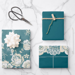 Romantisch Blauwgroen Groen Blauw Wit Kant Bloemen Inpakpapier Vel