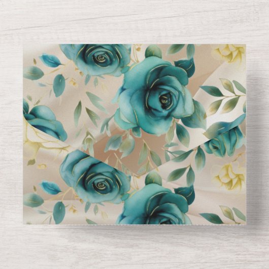 Romantisch Blauwgroen Groene Champagne Roos Bloeme All In One Uitnodiging (Achterkant)