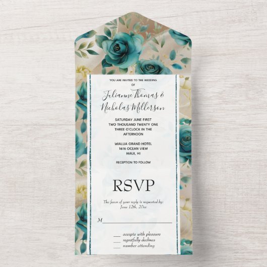 Romantisch Blauwgroen Groene Champagne Roos Bloeme All In One Uitnodiging (Binnen)