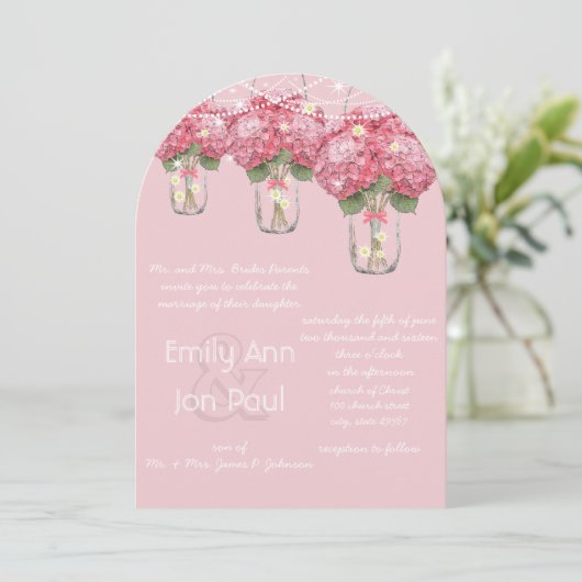 Romantisch Bleek Roze Mason Jar Firefly Wedding Kaart (Staand voorkant)
