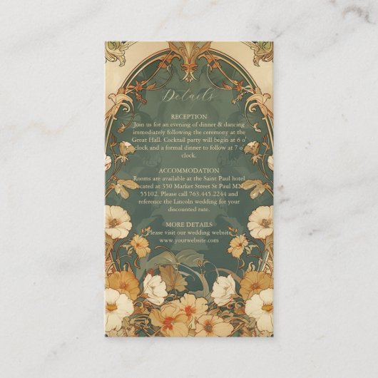 Romantisch Bloemen Lijst Art Nouveau Huwelijk Informatiekaartje (Voorkant)