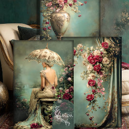 Romantisch bloemmotief, dame & parasol, bijpassend inpakpapier vel