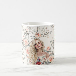 Romantisch blond haar meisje perzikrozen bloemig koffiemok