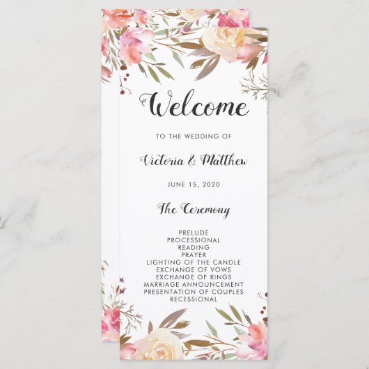 Romantisch Blush Bloom Bloemen Bruiloftsprogramma Programma (Voorkant / Achterkant)