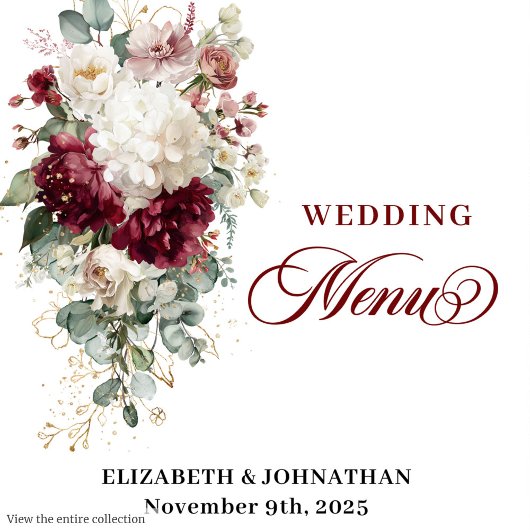Romantisch Boho Bourgondië Witte Roos Trouwmenu Menu