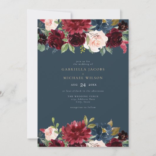 Romantisch Bourgondië Navy Blush Bloementuin Bruil Kaart (Voorkant)