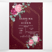 Romantisch Bourgondië Rood | Blush Roze Bloemige B Drieluik Aankondiging (Binnenkant midden)