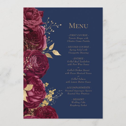 Romantisch Bourgondisch Goud Marine Blauw Bloemen Menu (Voorkant)