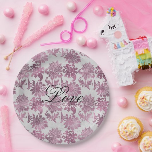 Romantisch Bourgondisch Rood Zilver Bloemen Huweli Papieren Bordje (Feest)