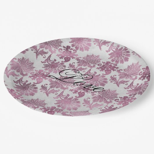 Romantisch Bourgondisch Rood Zilver Bloemen Huweli Papieren Bordje (Gekanteld)