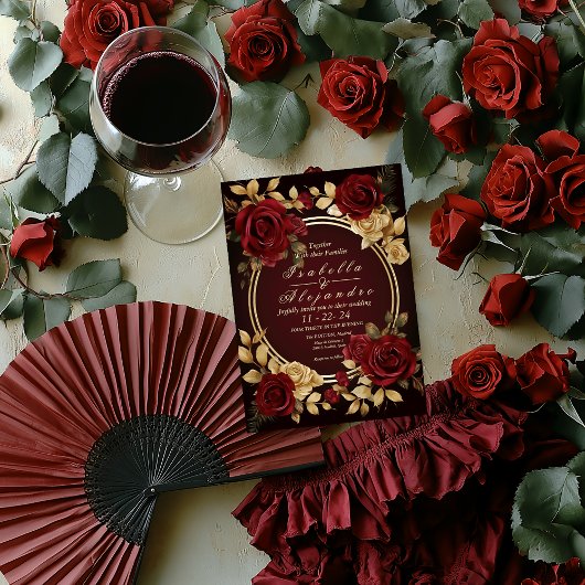 Romantisch Bourgondisch Roos en Gouden Script Kaart