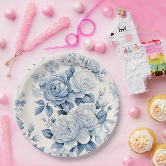 Romantisch Chique Antiek Stoffig Blauw Rozen Papieren Bordje (Feest)