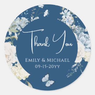 Romantisch Dusty Blauw Dank u Bloemen bruiloft Ronde Sticker