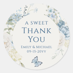 Romantisch Dusty Blauw Dank u Bloemen bruiloft Ronde Sticker