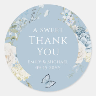 Romantisch Dusty Blauw Dank u Bloemen bruiloft Ronde Sticker