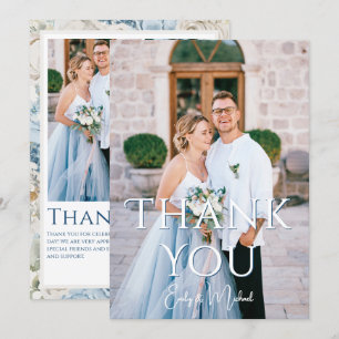 Romantisch Dusty Blue Floral Fotobruiloft Bedankkaart