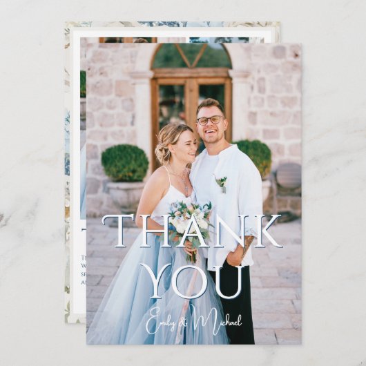Romantisch Dusty Blue Floral Fotobruiloft Bedankkaart (Voorkant / Achterkant)