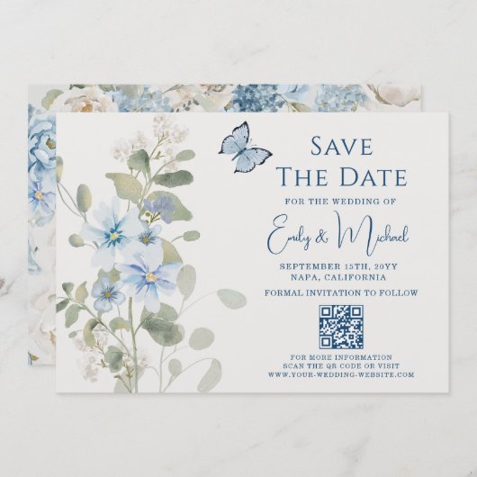 Romantisch Dusty Blue Floral QR Code Huwelijk Save The Date (Voorkant / Achterkant)
