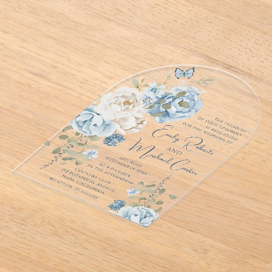 Romantisch Dusty Blue Waterverf Bloemen Huwelijk Acryl Uitnodigingen (Laagn)