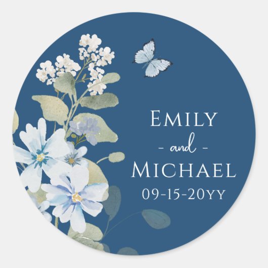 Romantisch Dusty Blue Waterverf Bloemen Huwelijk Ronde Sticker (Voorkant)