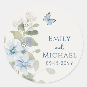 Romantisch Dusty Blue Waterverf Bloemen Huwelijk Ronde Sticker